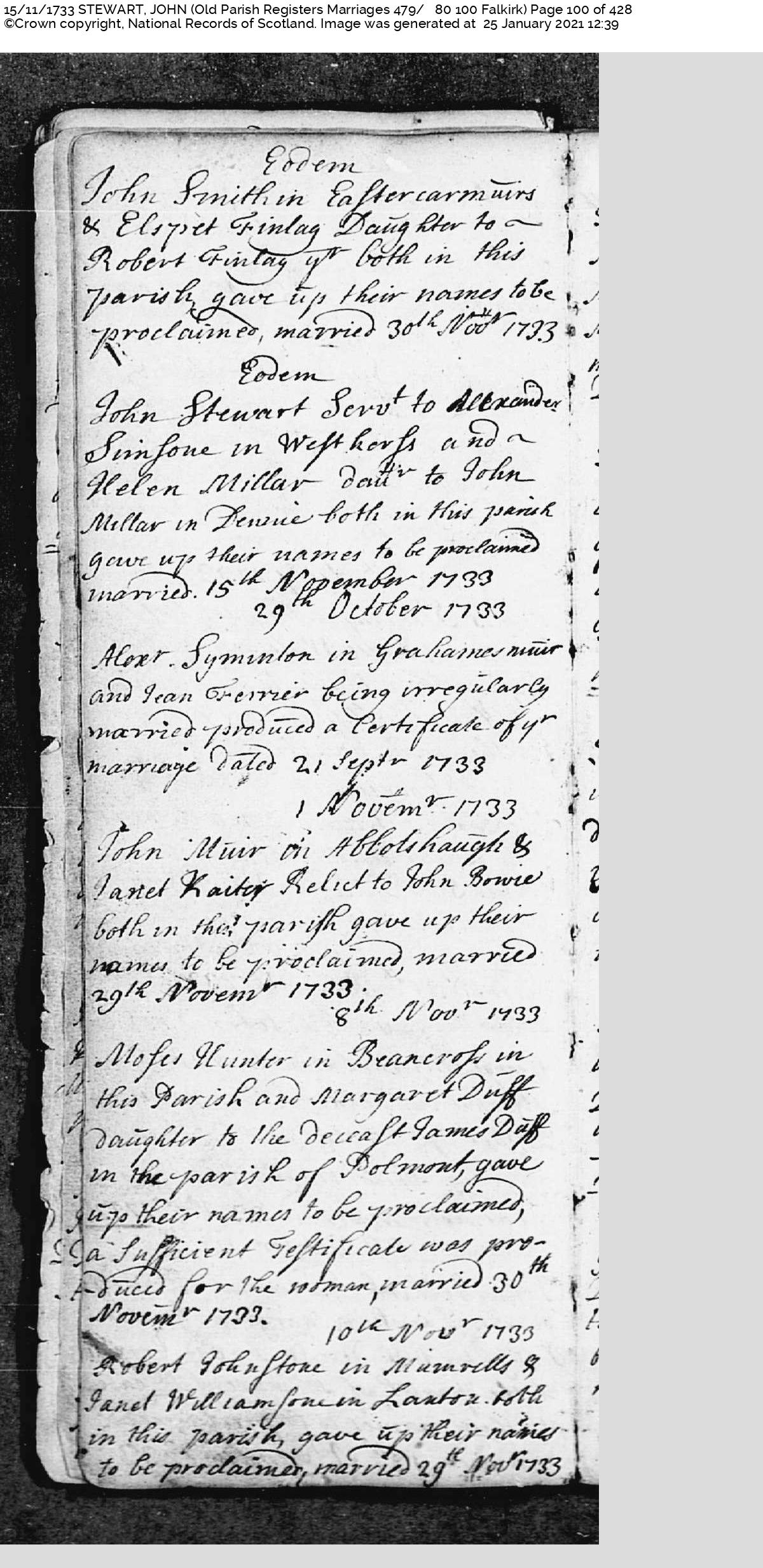 JohnStewart_HelenMillar_M1733 Falkirk, November 15, 1733